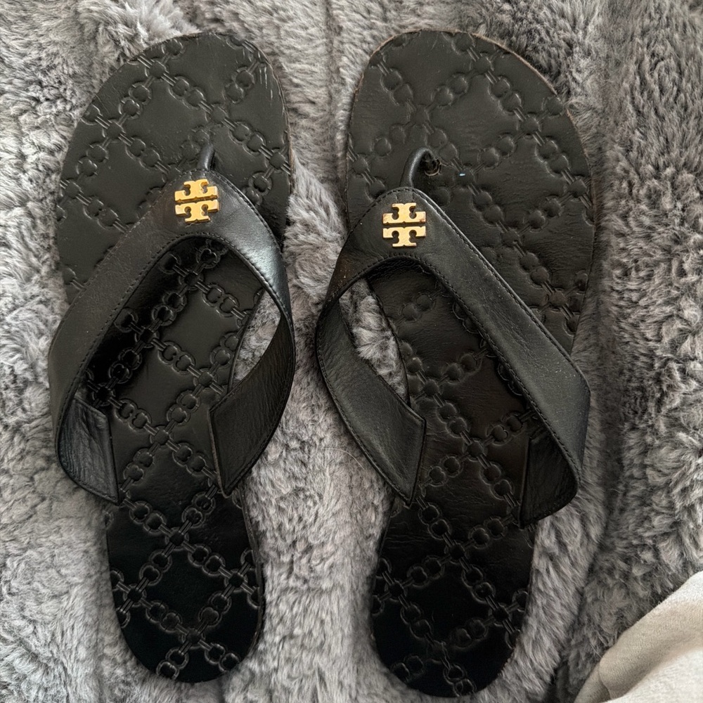 Tory Burch Black Sandals with Gold Emblem